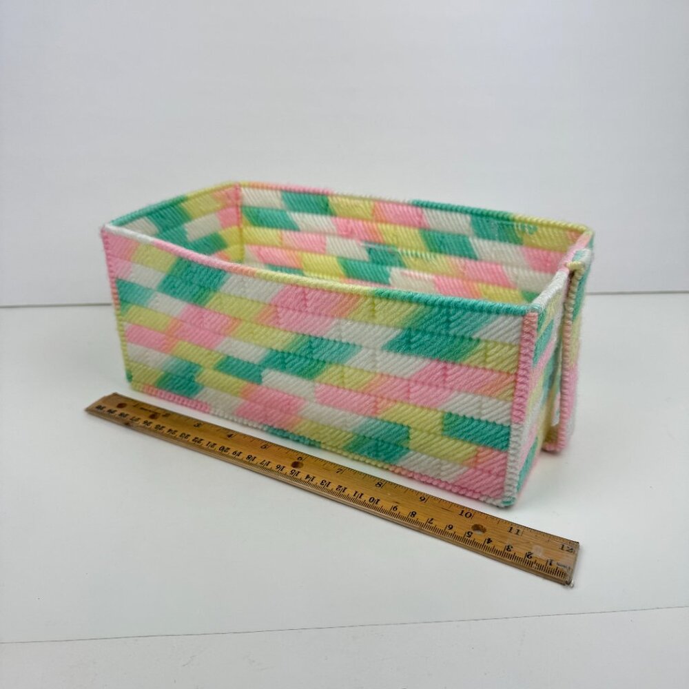 Vtg Pastel Colorful Multicolor Yarn Plastic‎ Canvas Rectangle w Handle Basket